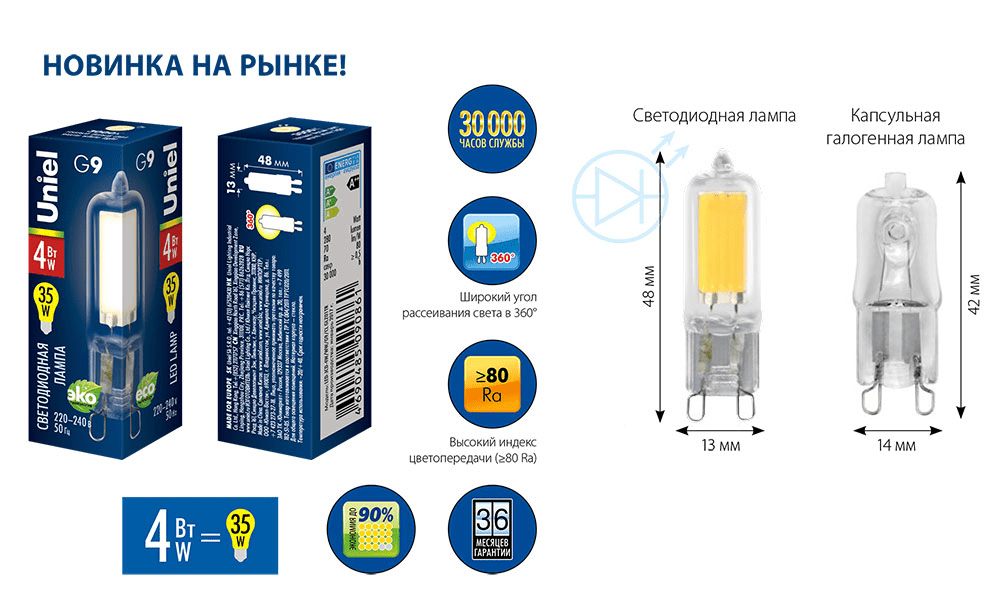 Светодиодная лампа Uniel G9 4Вт 220В 4000К