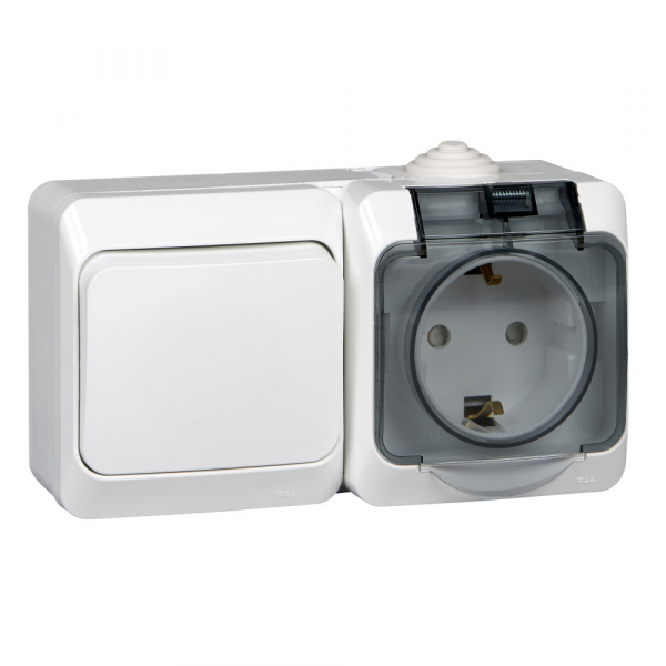 ЭТЮД Белый Блок: 1-клавишный Выключатель (схема 1) + Розетка с заземляющими контактами IP44 открытая установка BPA16-241B