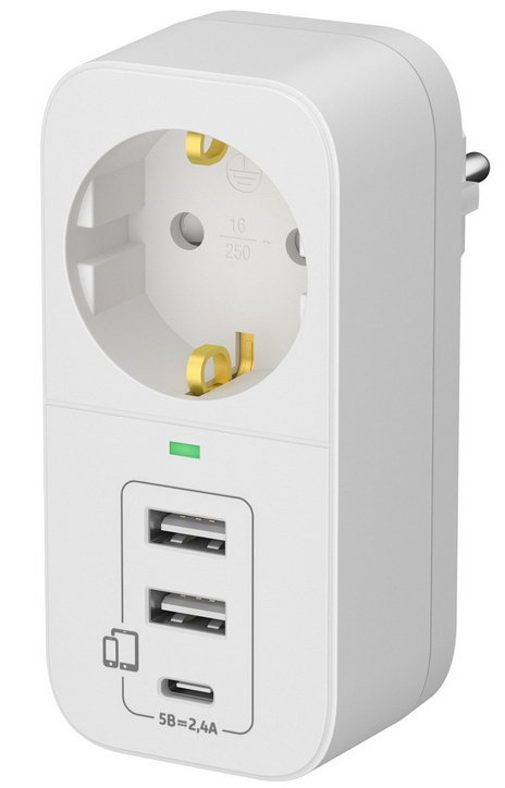 Адаптер 1 гнездо 2  USB-A + USB-C  сетевой с USB &quot;ФОТОН&quot; AM 16-1E-USB/A2C1 16А с заземлением 24A Белый