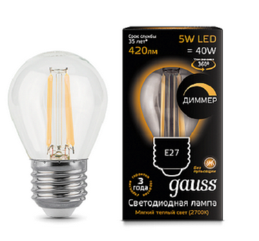 Светодиодная лампа &quot;шарик&quot; Gauss Globe G45  5Вт 185-265В 2700K E27 филаментная диммируемая