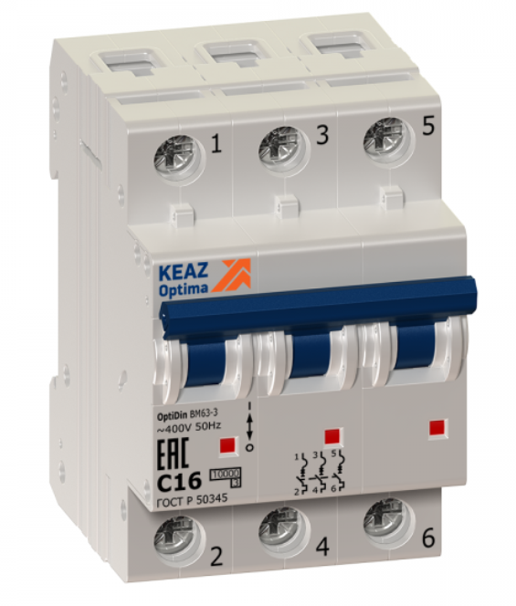 Автоматический выключатель 3П  63А характеристика С   6кА  КЭАЗ OptiDin в комплекте 2 заглушки