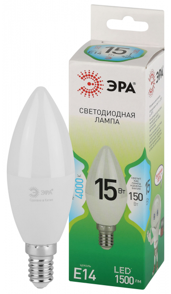 Лампочка светодиодная ЭРА GREEN LINE LED B35-15W-840-E14 GL E14 15 Вт свеча яркий белый свет (кратно 1)