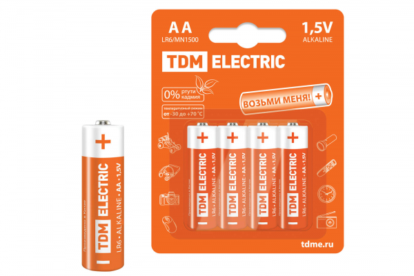 Элемент питания TDM LR6 AA Alkaline 1,5V BP-4 (кратно 4)