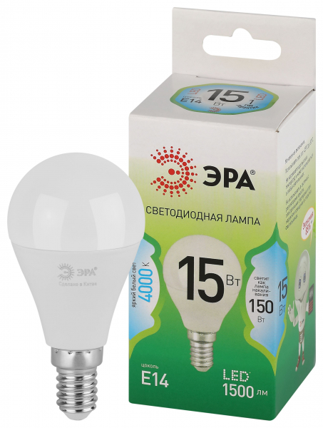 Лампочка светодиодная ЭРА GREEN LINE LED P45-15W-840-E14 GL E14 15 Вт шар яркий белый свет (кратно 1)