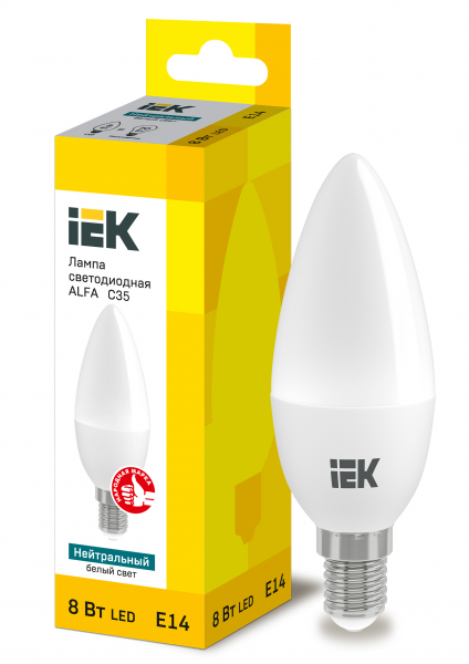 Лампа LED ALFA C35 свеча 8Вт 230В 4000К E14 (6шт) IEK (кратно 6)