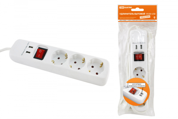 Удлиннитель бытовой 3 гнезда 1,5м с заземлением с выключателем +2хUSB ПВС3х1 16А 3500Вт В-USB белый TDM SQ1303-0301