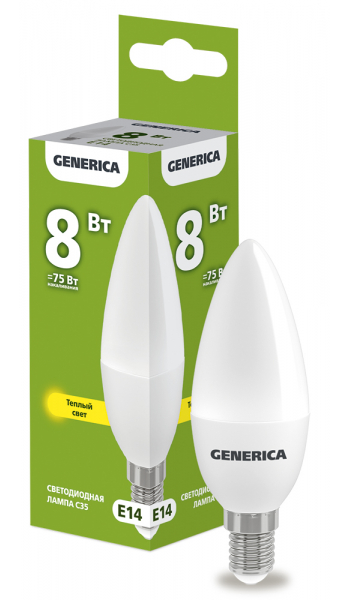 Светодиодная лампа свеча GENERICA C35 8Вт 230В 3000К E14