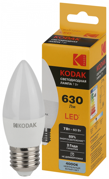 Светодиодная лампа свеча Kodak B35 7Вт 840 E27 свеча нейтральный белый свет