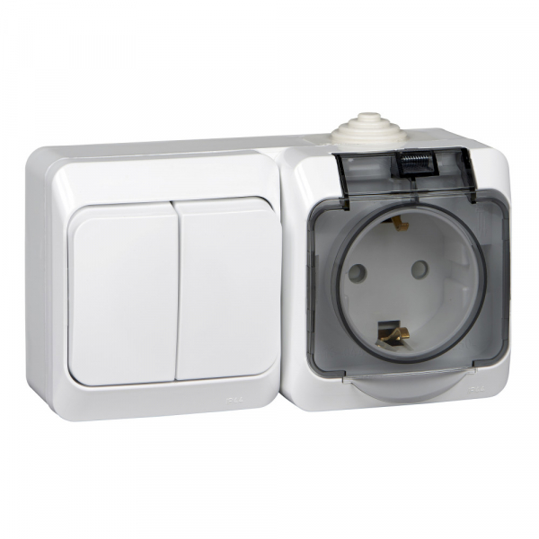 ЭТЮД Белый Блок: 2-клавишный Выключатель (схема 5) + Розетка с заземляющими контактами IP44 открытая установка BPA16-242B