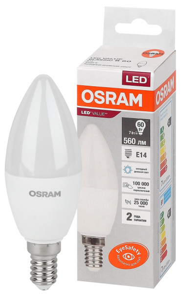 Светодиодная лампа OSRAM B60  7Вт 230В 6500К E14