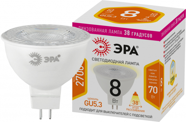 LED Lense MR16-8W-827-GU5.3 ЭРА Лампочка светодиодная LED Lense MR16-8W-827-GU5.3 8Вт софит теплый белый свет