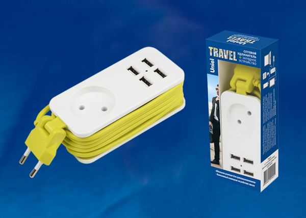 Удлиннитель бытовой на раме 1 гнездо 1,5м без заземления + 2хUSB ПВС 10А 2200Вт Travel S-CT1-1,5U белый-зелен. Uniel UL-00003429