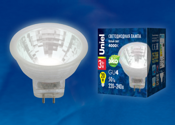 LED-MR11-3W/NW/GU4/220V GLZ21TR  Лампа светодиодная, 220V. Прозрачная. Белый свет (4000K). Картон. ТМ Uniel.