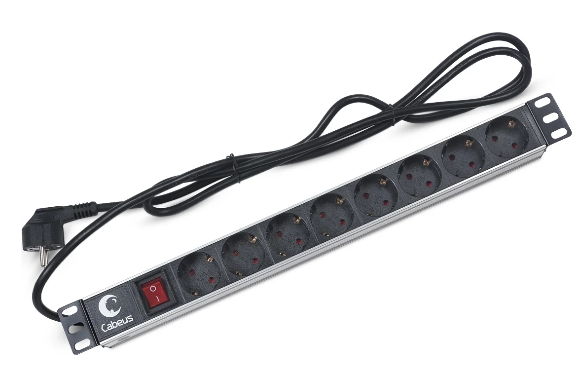 Cabeus PDU-8P-2EU Блок евророзеток для 19&quot; шкафов, горизонтальный, 8 розеток, 16 A, выключатель, шнур 2м, алюминиевый корпус, немецкий стандарт