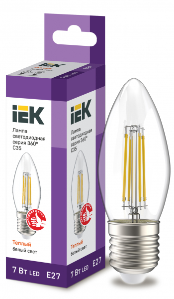 Светодиодная лампа свеча IEK C35 7Вт 230В 3000К E27 филаментная