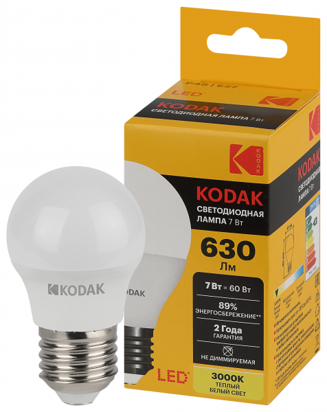 Светодиодная лампа &quot;шарик&quot; Kodak P45 7Вт 830 7Вт E27 теплый белый свет
