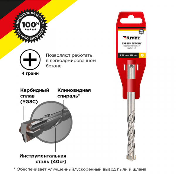 Бур по бетону 10х110 мм крестовая пластина SDS PLUS Kranz KR-91-0819