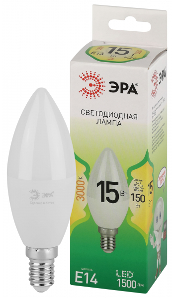 Лампочка светодиодная ЭРА GREEN LINE LED B35-15W-830-E14 GL E14 15 Вт свеча теплый свет (кратно 1)