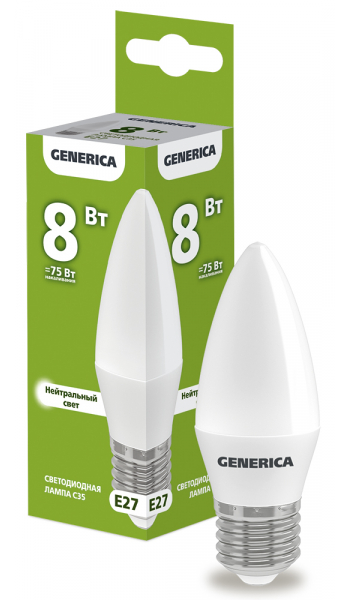 Светодиодная лампа свеча GENERICA C35 свеча 8Вт 230В 4000К E27