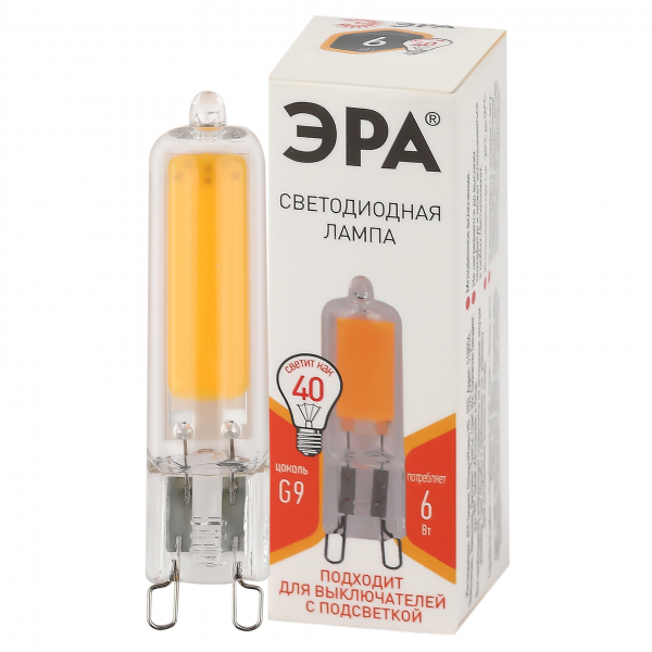 Светодиодная лампа ЭРА STD LED JCD-6W-GL-827-G9 G9 6Вт капсула теплый белый свет