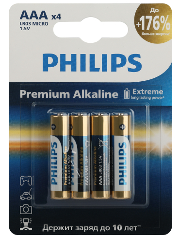 Элемент питания Philips LR03M4B/51 ААА алкалиновые 1,5v  LR03-4BL Premium (4/48/144/25920) (кратно 4)