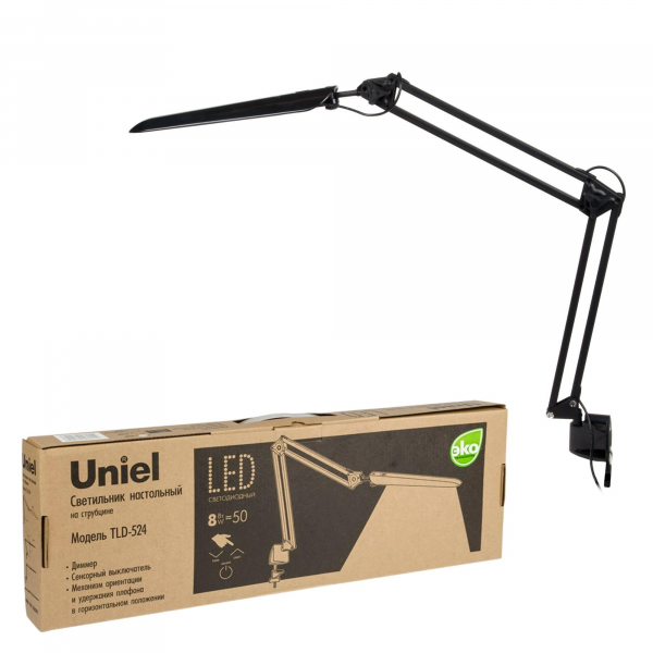Uniel TLD-524 Black/8W/Светильник настольный на струбцине/LED/500Lm/4500K/Dimmer/Цвет-черный