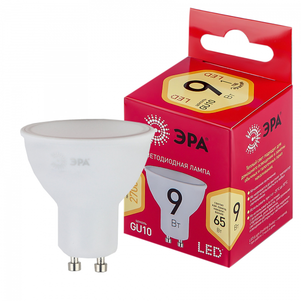Светодиодная лампа LED MR16-9W-827-GU10 R ЭРА (диод, софит, 9Вт, тепл, GU10) (10/100/3600)