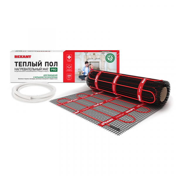 Тёплый пол (нагревательный мат) REXANT PRO (RNX -2,5-550 площадь 2,5 м2 (0,5х5,0 м)),550 Вт, двухжильный с экраном 51-0013