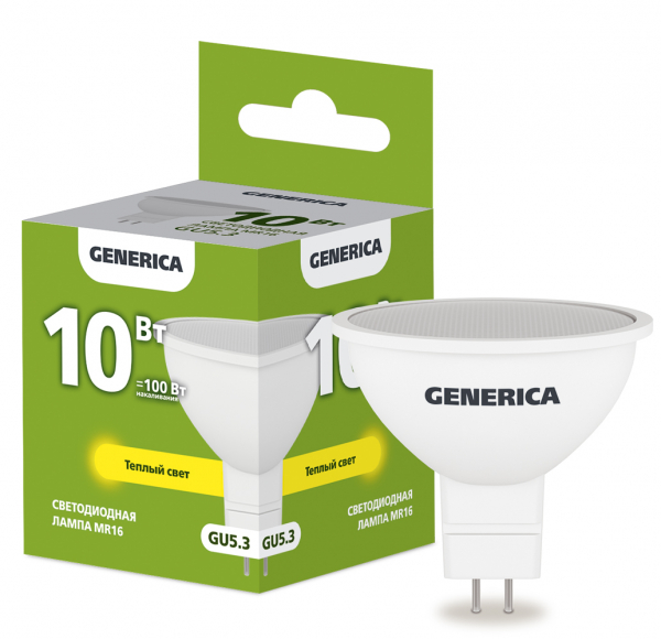 Лампа LED MR16 софит 10Вт 230В 3000К GU5.3 GENERICA