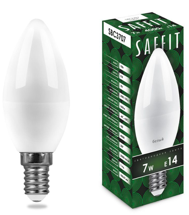 Светодиодная лампа свеча  С37 7W 230В 6400K E14 SAFFIT