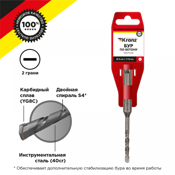 Бур по бетону 5x110 мм SDS PLUS Kranz KR-91-0005