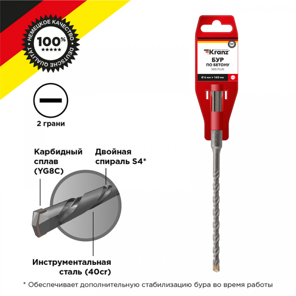 Бур по бетону 6x160 мм SDS PLUS Kranz KR-91-0011