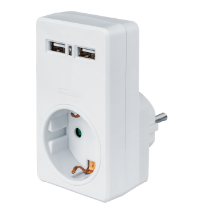 Адаптер 1 гнездо + 2хUSB (21A) с заземлением 16А 3680Вт Белый NAD-USB02-1E-C-WH Navigator 61699