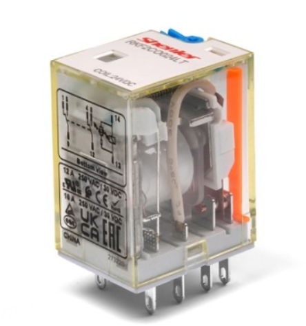 Реле RKF2CO024LT, 2CO, 12A(250VAC/30VDC), 24VDC, мех. индикация, тест-кнопка с блокировкой, LED