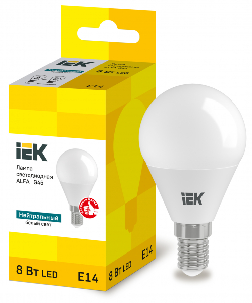 Лампа LED ALFA G45 шар 8Вт 230В 4000К E14 (6шт) IEK (кратно 6)