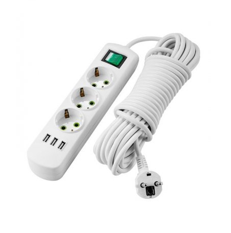 Удлиннитель бытовой 3 гнезда 5м с заземлением с выключателем + 3хUSB ПВС3х1 16А 3500Вт LETITIA белый LEZARD 721-0305-302U