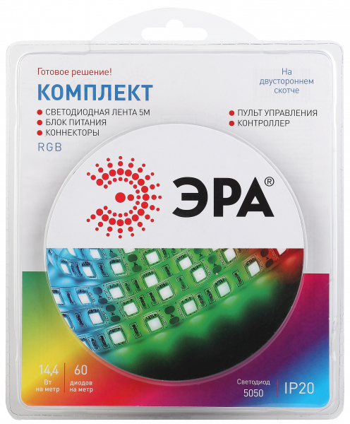 ЭРА Лента  IP20  12V   14,4Вт/м  мультиколор  5050kit-14,4-60-12-IP20-RGB (1уп.-5м)