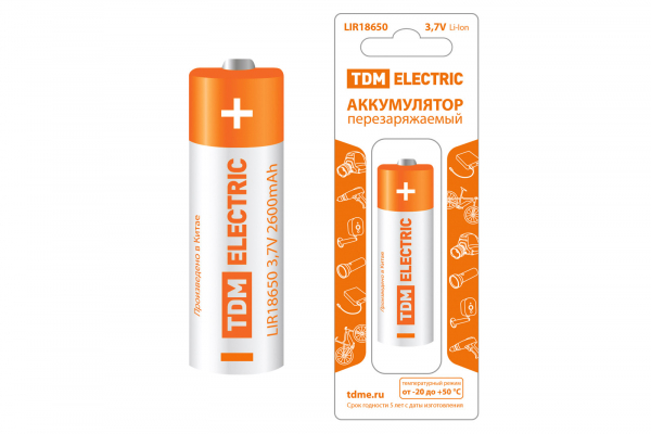 Аккумулятор TDM LIR18650 37 В 2600 мА*ч  Li-Ion с защитой BP-1