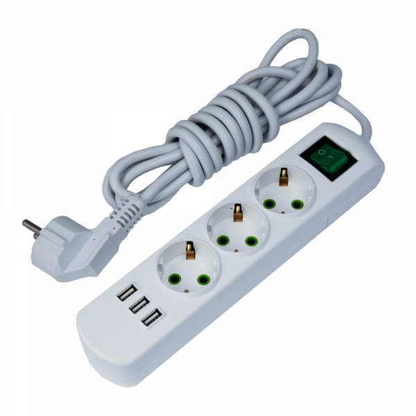 Удлиннитель бытовой 3 гнезда 3м с заземлением с выключателем + 3хUSB ПВС3х1 16А 3500Вт LETITIA белый LEZARD 721-0303-302U