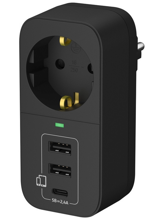 Адаптер 1 гнездо2  USB-A + USB-C  сетевой c USB &quot;ФОТОН&quot; AM 16-1E-USB/A2C1 16А с заземлением  24A Черный