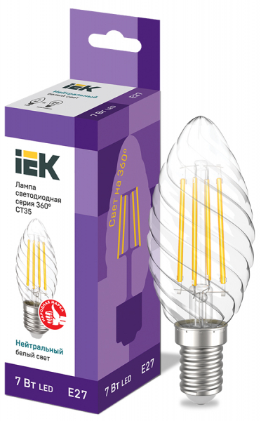Светодиодная лампа свеча IEK CT35 7Вт 230В 4000К E27 филаментная